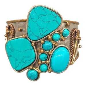 Turquoise Modernist Brutalist Mixed Metal Cuff Bracelet Bronze Copper Silver